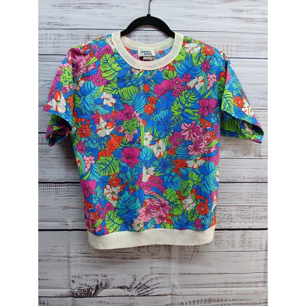 Jessica Jones Floral  Blouse Women's Medium pullover Short Sleeve Tropical VTG